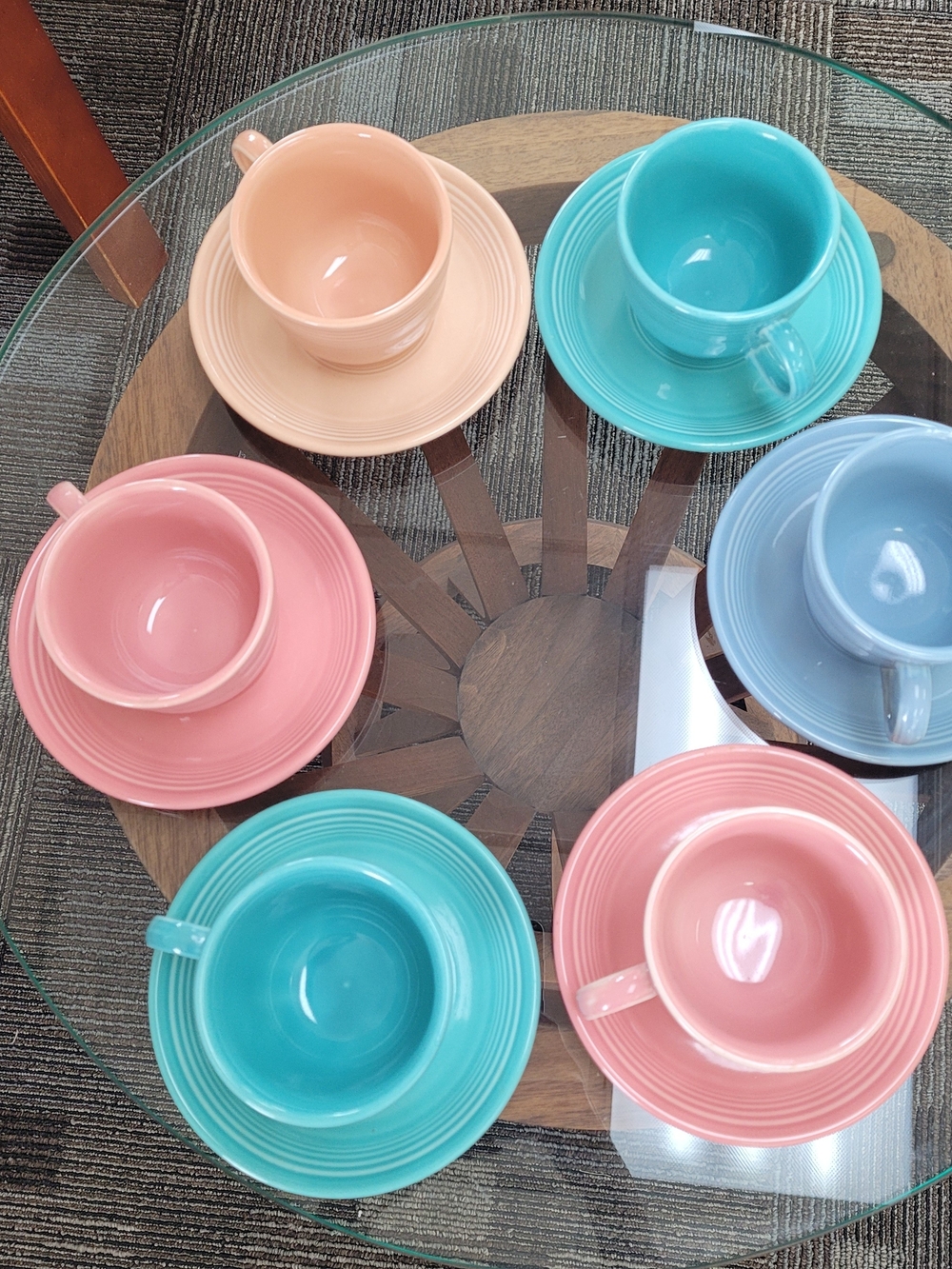 Fiesta Pastel Teacup and Saucer Set - Pink, Peach, Aqua, Light Blue